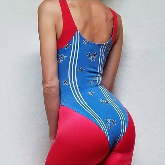 VINTAGE 70s Cobblestone Marika Stars And Stripes Bodysuit Tights Aerobics Outfit - Picture 5 of 16